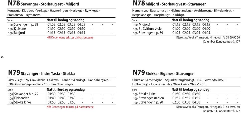 - Avaldsnesgt. - Birkelandsgt. - Bergelandsgt. - Hospitalsgt. - Klubbgt. 100 Midjord 01:15 02:15 03:15 04:15 - - - 100 St. Svithun skole 01:20 02:20 03:20 04:20 - - - 100 Stavanger hlp.