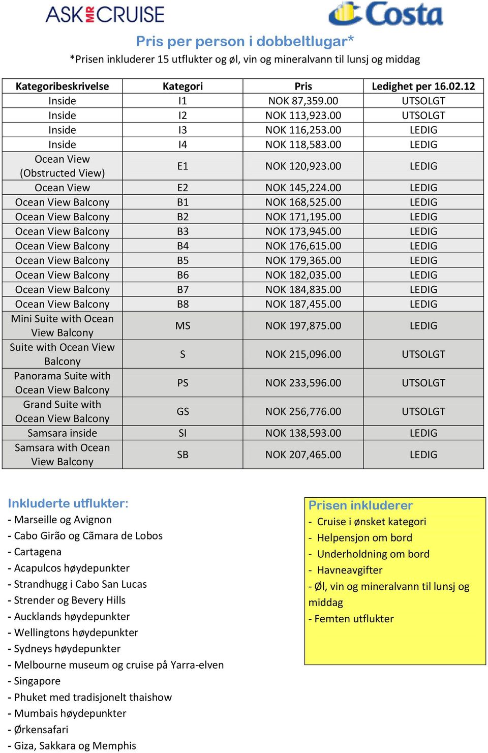 00 LEDIG Ocean View Balcony B1 NOK 168,525.00 LEDIG Ocean View Balcony B2 NOK 171,195.00 LEDIG Ocean View Balcony B3 NOK 173,945.00 LEDIG Ocean View Balcony B4 NOK 176,615.