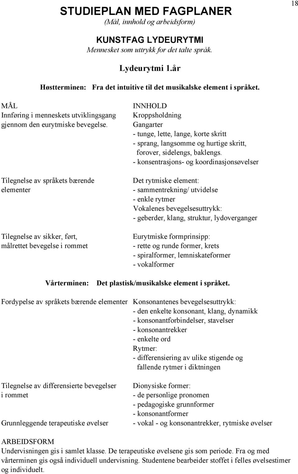 Tilegnelse av språkets bærende elementer Tilegnelse av sikker, ført, målrettet bevegelse i rommet INNHOLD Kroppsholdning Gangarter - tunge, lette, lange, korte skritt - sprang, langsomme og hurtige