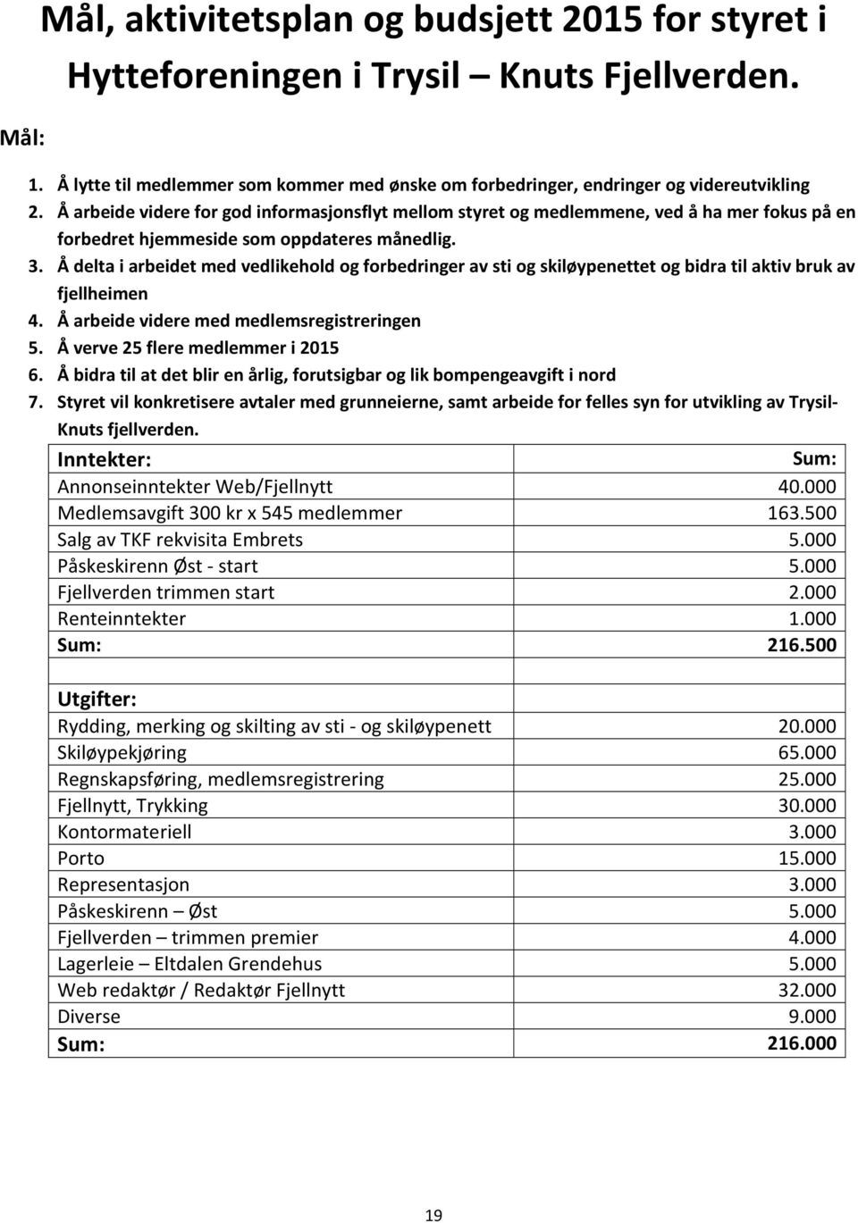 Å delta i arbeidet med vedlikehold og forbedringer av sti og skiløypenettet og bidra til aktiv bruk av fjellheimen 4. Å arbeide videre med medlemsregistreringen 5. Å verve 25 flere medlemmer i 2015 6.