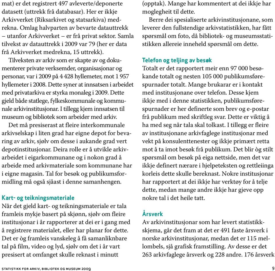 Tilveksten av arkiv som er skapte av og dokumenterer private verksemder, organisasjonar og personar, var i 2009 på 4 428 hyllemeter, mot 1 957 hyllemeter i 2008.