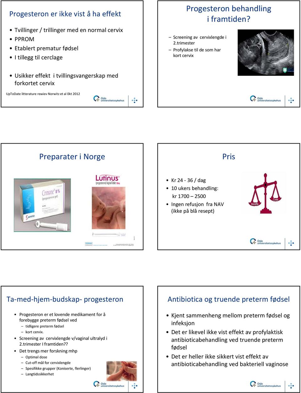 trimester Profylakse til de som har kort cervix Usikker effekt i tvillingsvangerskap med forkortet cervix UpToDate litterature rewiev Norwitz et al 0kt 2012 Preparater i Norge Pris Kr 24 36 / dag 10