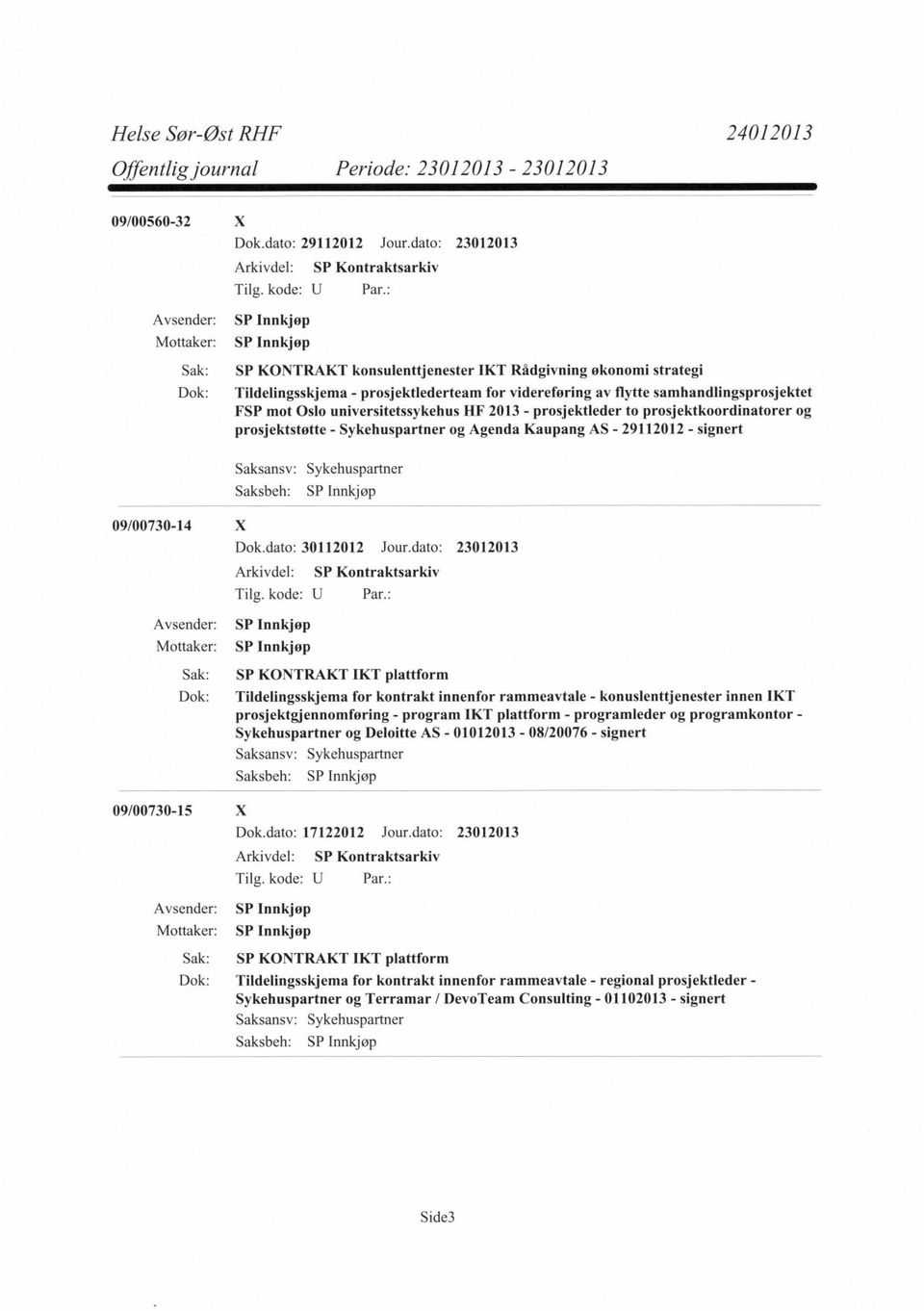 universitetssykehus HF 2013 - prosjektleder to prosjektkoordinatorer og prosjektstøtte - Sykehuspartner og Agenda Kaupang AS - 29112012 - signert Sykehuspartner 09/00730-14 X Dok.dato: 30112012 Jour.