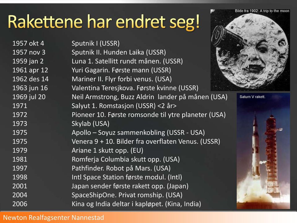 Romstasjon (USSR) <2 år> 1972 Pioneer 10. Første romsonde til ytre planeter (USA) 1973 Skylab (USA) 1975 Apollo Soyuz sammenkobling (USSR - USA) 1975 Venera 9 + 10. Bilder fra overflaten Venus.