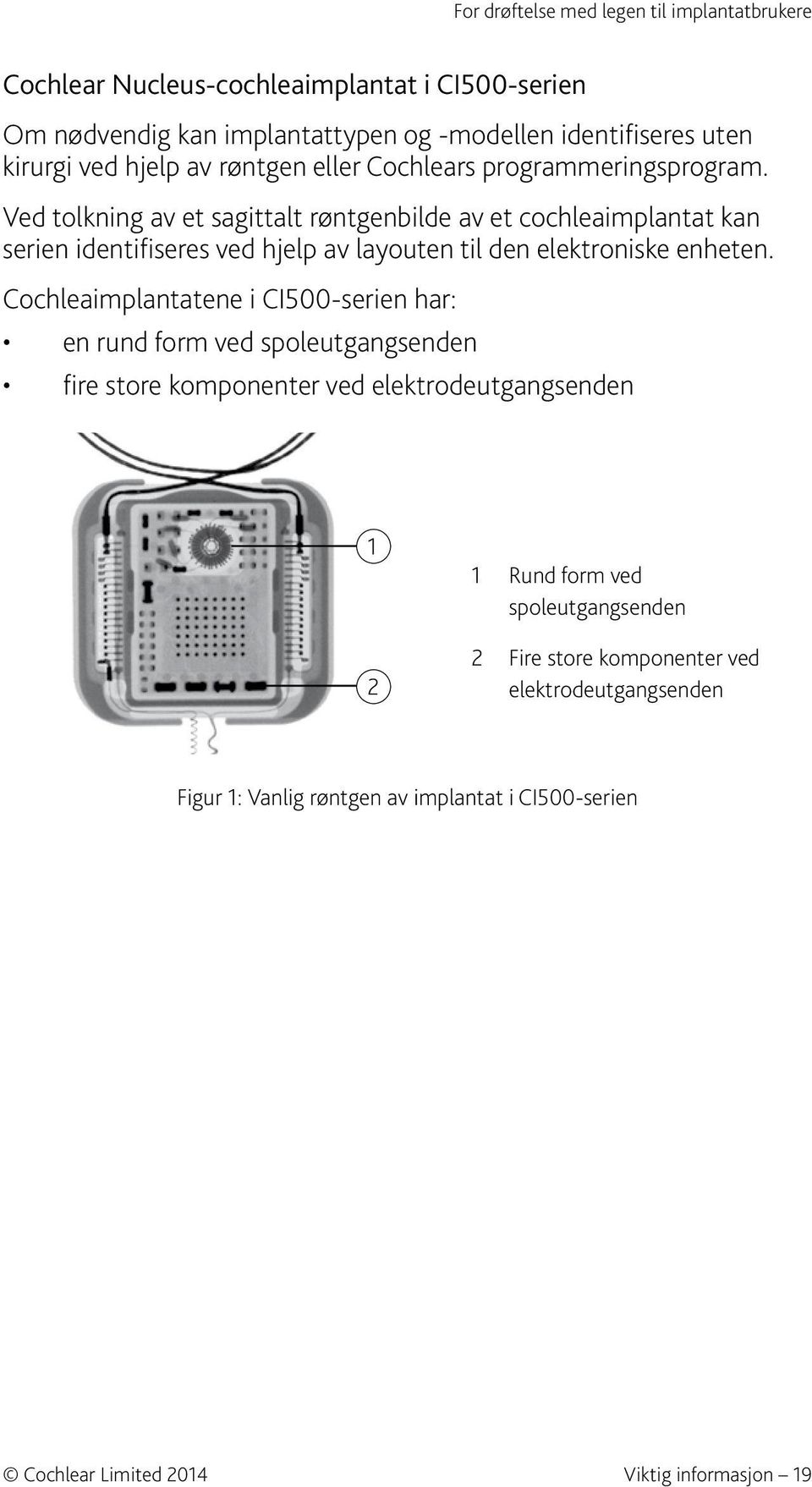 Ved tolkning av et sagittalt røntgenbilde av et cochleaimplantat kan serien identifiseres ved hjelp av layouten til den elektroniske enheten.