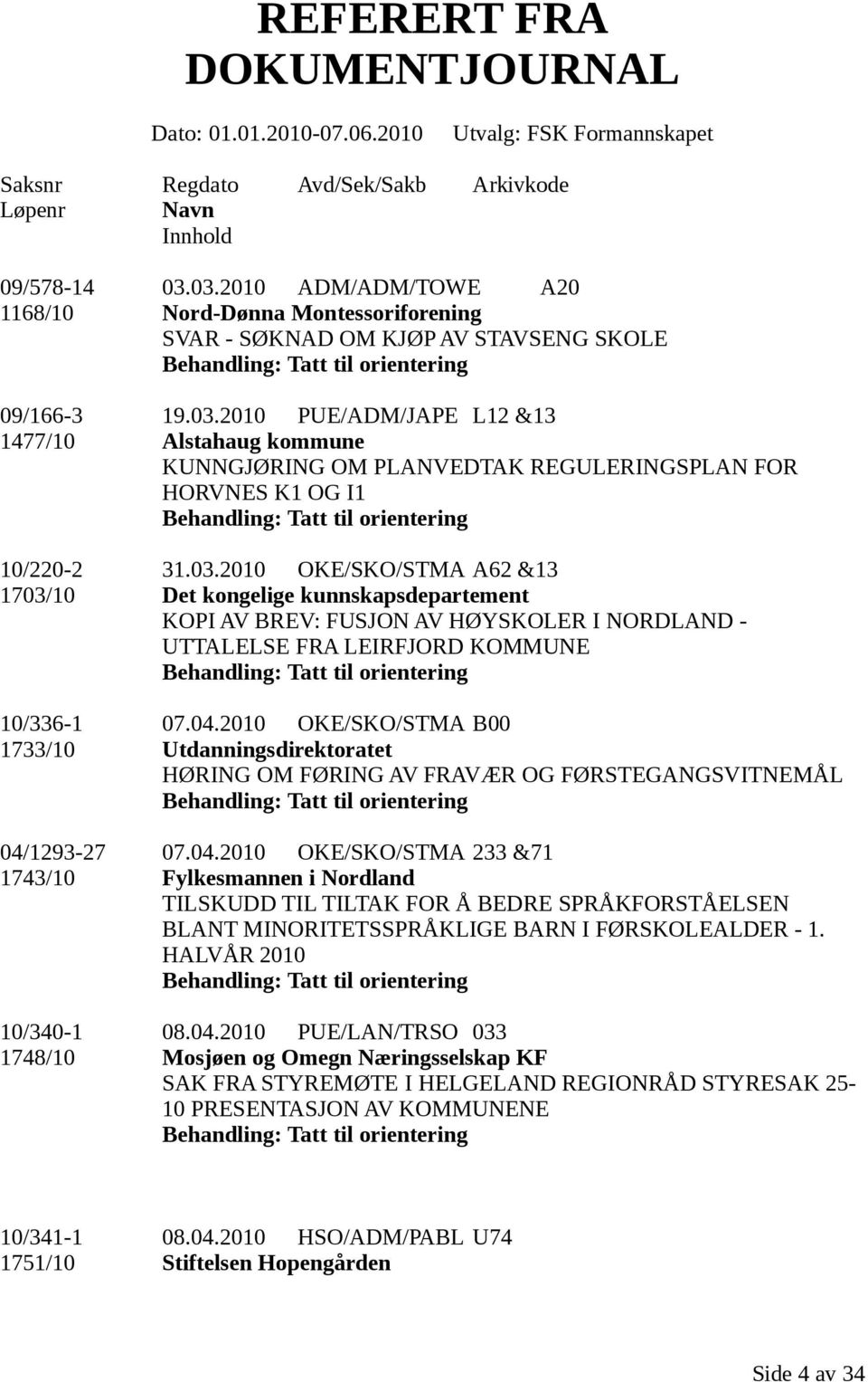 03.2010 OKE/SKO/STMA A62 &13 1703/10 Det kongelige kunnskapsdepartement KOPI AV BREV: FUSJON AV HØYSKOLER I NORDLAND - UTTALELSE FRA LEIRFJORD KOMMUNE 10/336-1 07.04.