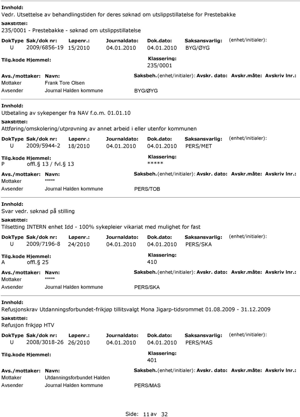 01.10 Attføring/omskolering/utprøvning av annet arbeid i eller utenfor kommunen 2009/5944-2 18/2010 PERS/MET P Avs./mottaker: Navn: Saksbeh. Avskr. dato: Avskr.måte: Avskriv lnr.: PERS/TOB Svar vedr.