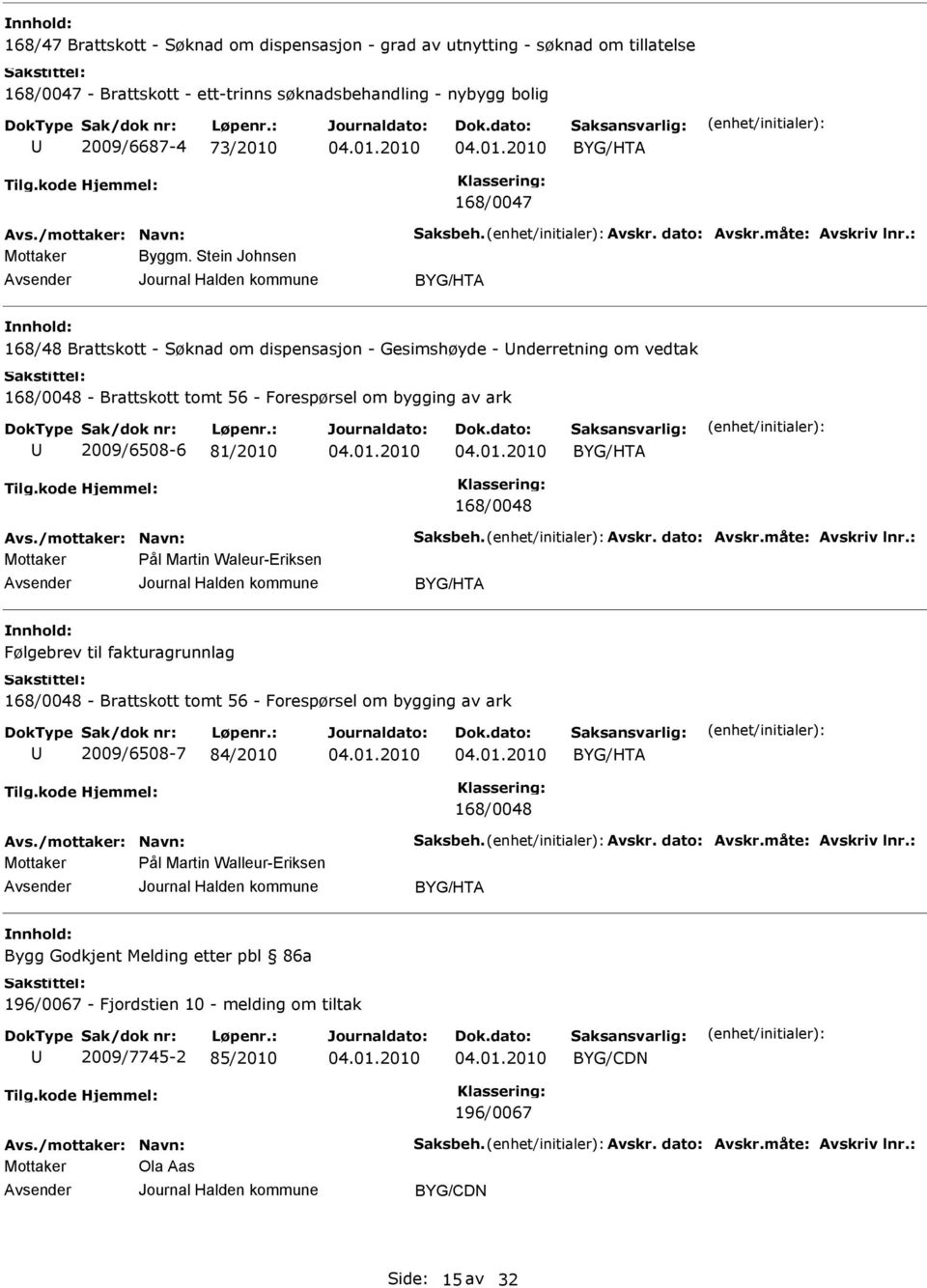 Stein Johnsen BYG/HTA 168/48 Brattskott - Søknad om dispensasjon - Gesimshøyde - nderretning om vedtak 168/0048 - Brattskott tomt 56 - Forespørsel om bygging av ark 2009/6508-6 81/2010 BYG/HTA