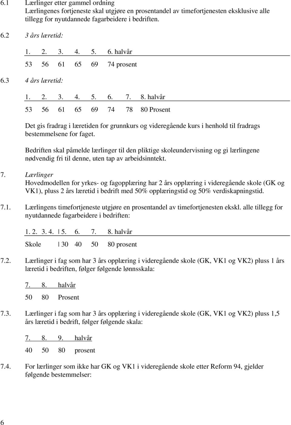 halvår 53 56 61 65 69 74 78 80 Prosent Det gis fradrag i læretiden for grunnkurs og videregående kurs i henhold til fradrags bestemmelsene for faget.