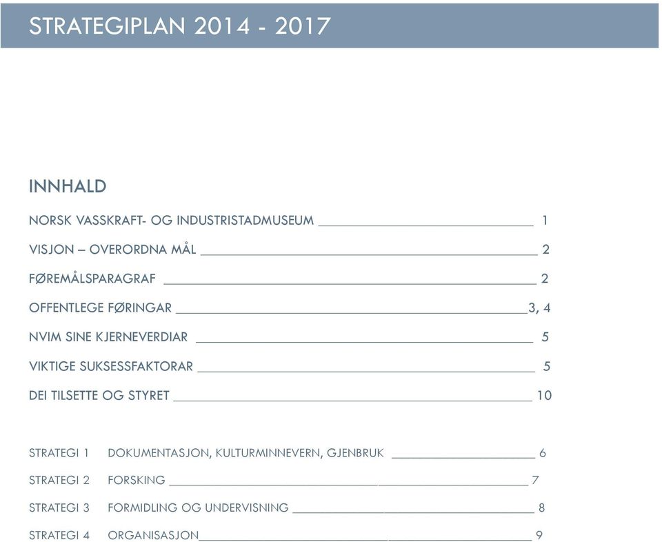 SUKSESSFAKTORAR 5 DEI TILSETTE OG STYRET 10 STRATEGI 1 DOKUMENTASJON,