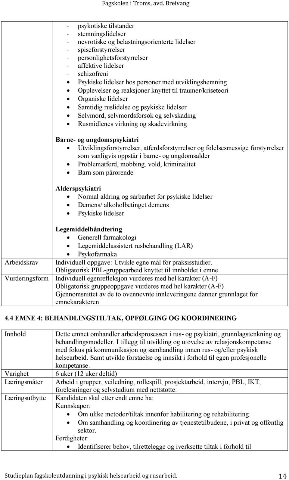 Rusmidlenes virkning og skadevirkning Barne- og ungdomspsykiatri Utviklingsforstyrrelser, atferdsforstyrrelser og følelsesmessige forstyrrelser som vanligvis oppstår i barne- og ungdomsalder