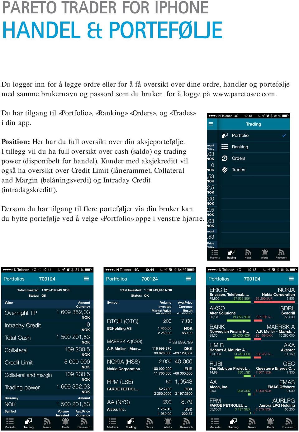 I tillegg vil du ha full oversikt over cash (saldo) og trading power (disponibelt for handel).