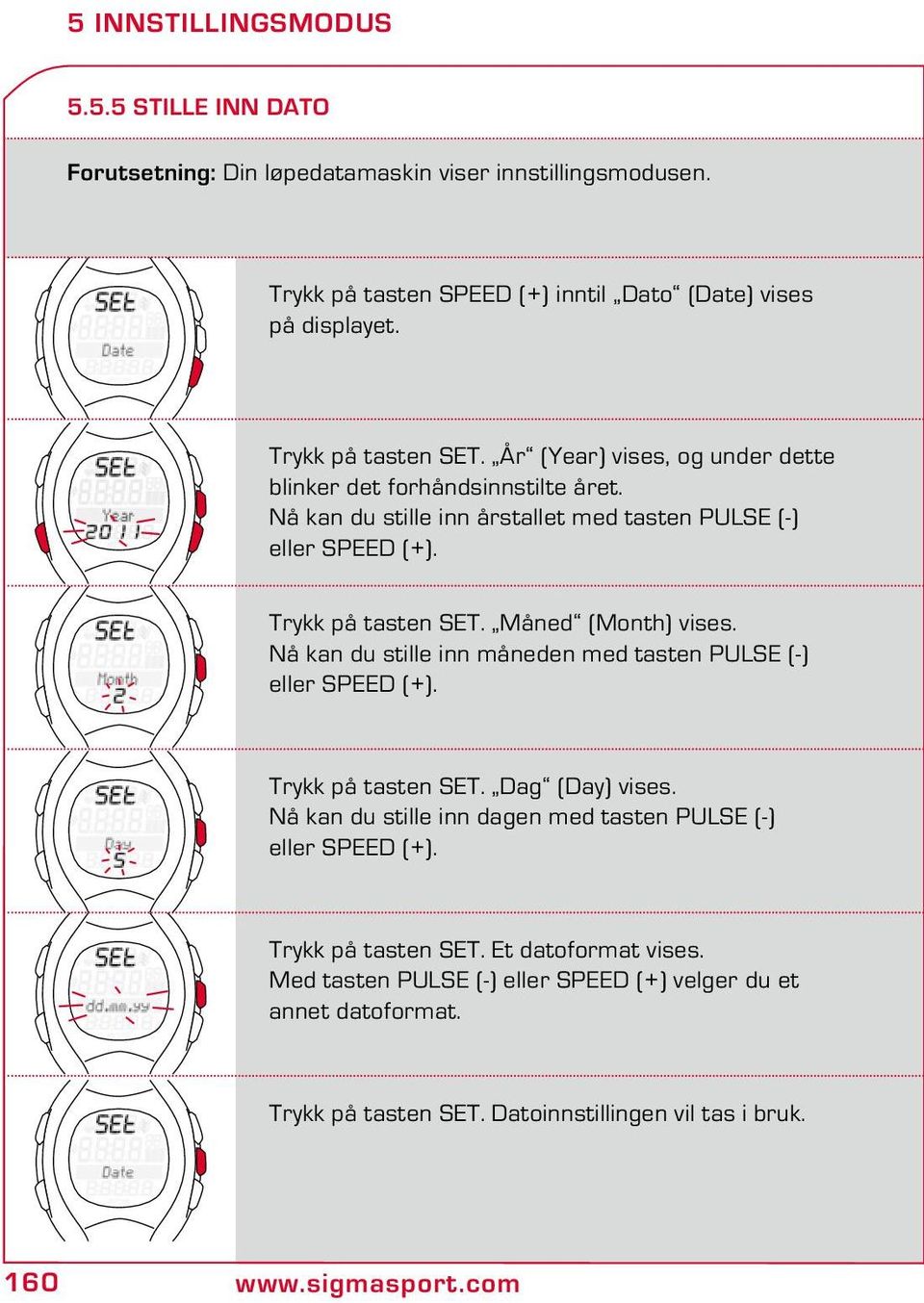 Måned (Month) vises. Nå kan du stille inn måneden med tasten PULSE (-) eller SPEED (+). Try på tasten SET. Dag (Day) vises.