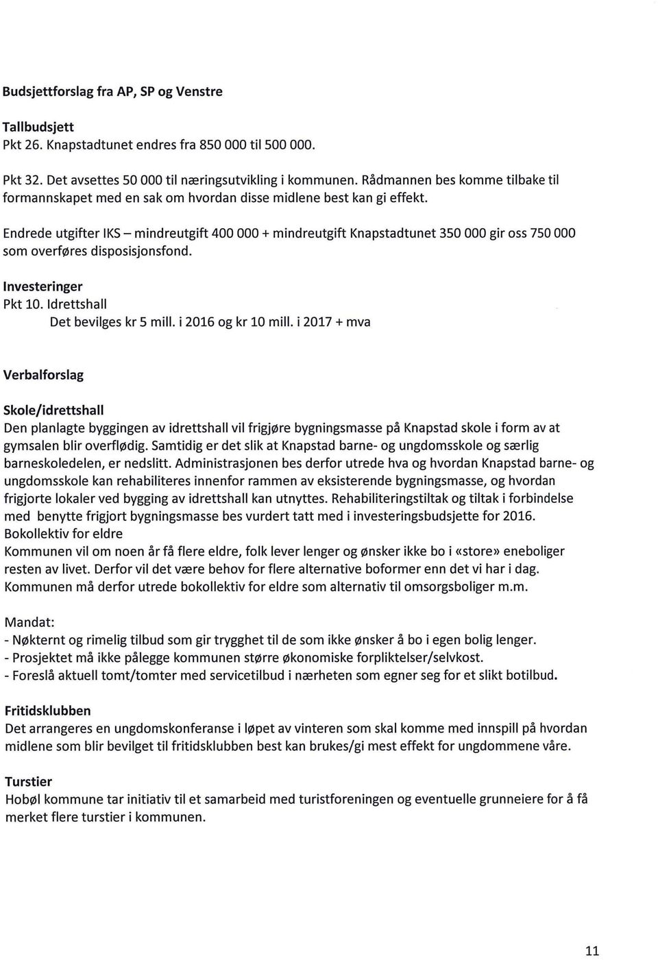 Endrede utgifter l KS- mindreutgift 400 000 +mindreutgift Knapstadtunet 350 000 gir oss 750 000 som overføres disposisjonsfond. Investeringer Pkt 10. Idrettshall Det bevilges kr 5 mill.