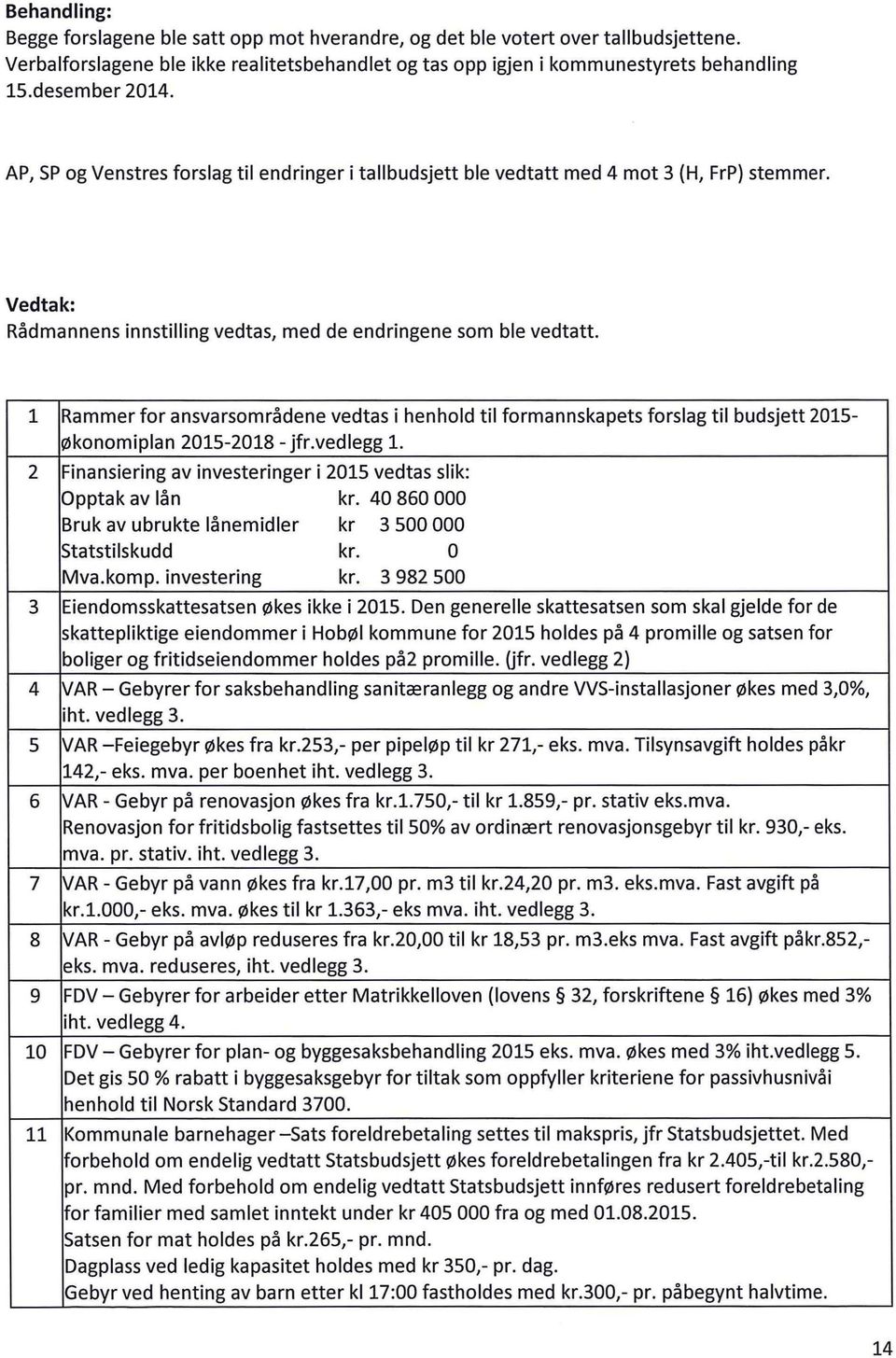 1 Rammer for ansvarsområdene vedtas i henhold til formannskapets forslag til budsjett 2015- økonomiplan 2015-2018- jfr.vedlegg 1. 2 Finansiering av investeringer i 2015 vedtas slik: Opptak av lån kr.