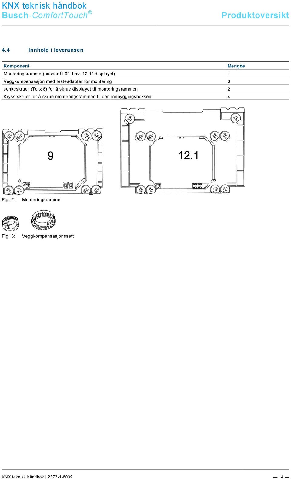 1"-displayet) 1 Veggkompensasjon med festeadapter for montering 6 senkeskruer (Torx 8) for å skrue