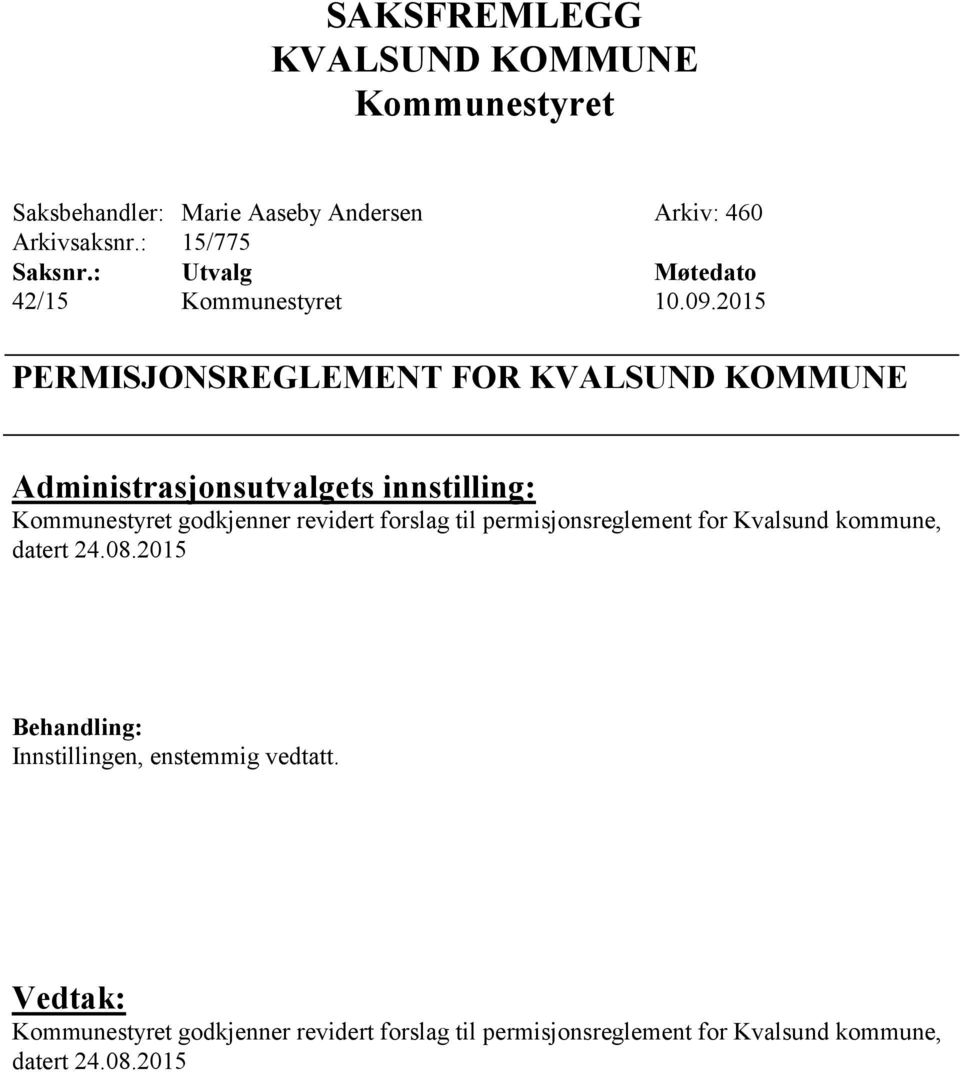 forslag til permisjonsreglement for Kvalsund kommune, datert 24.08.