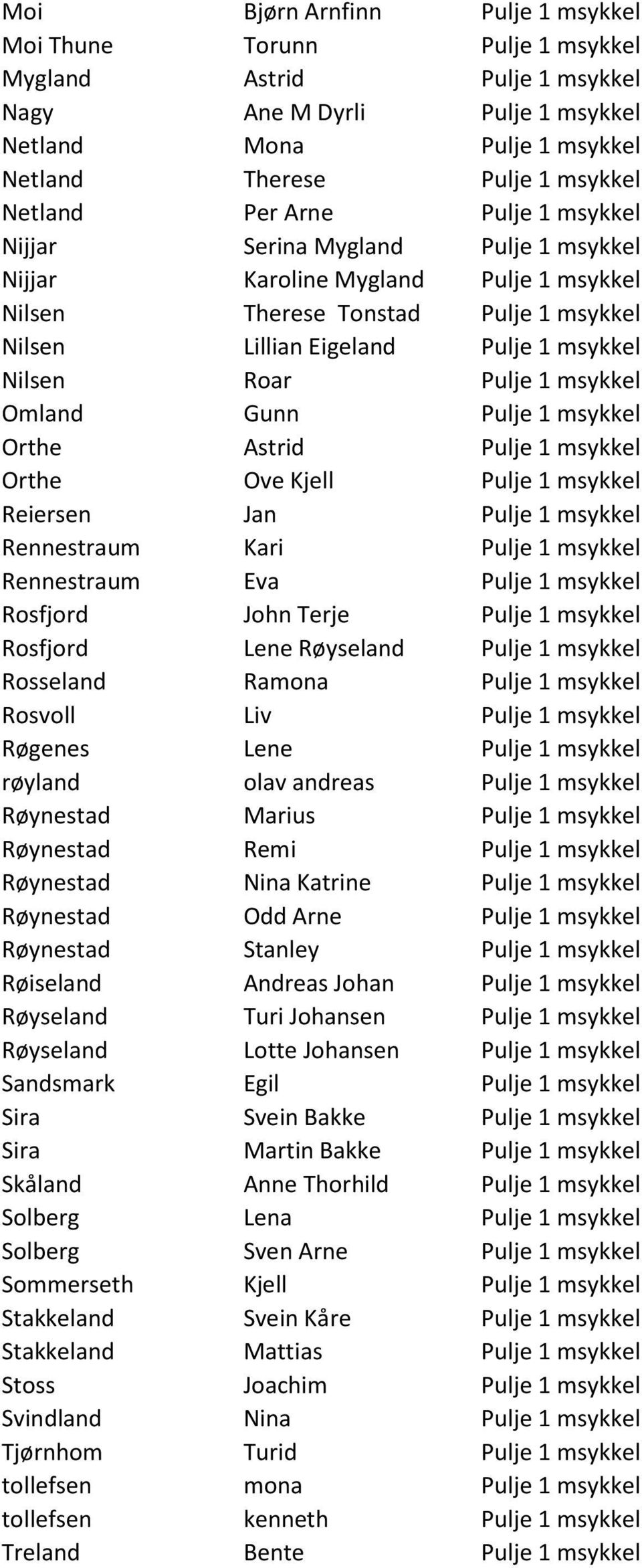 1 msykkel Omland Gunn Pulje 1 msykkel Orthe Astrid Pulje 1 msykkel Orthe Ove Kjell Pulje 1 msykkel Reiersen Jan Pulje 1 msykkel Rennestraum Kari Pulje 1 msykkel Rennestraum Eva Pulje 1 msykkel