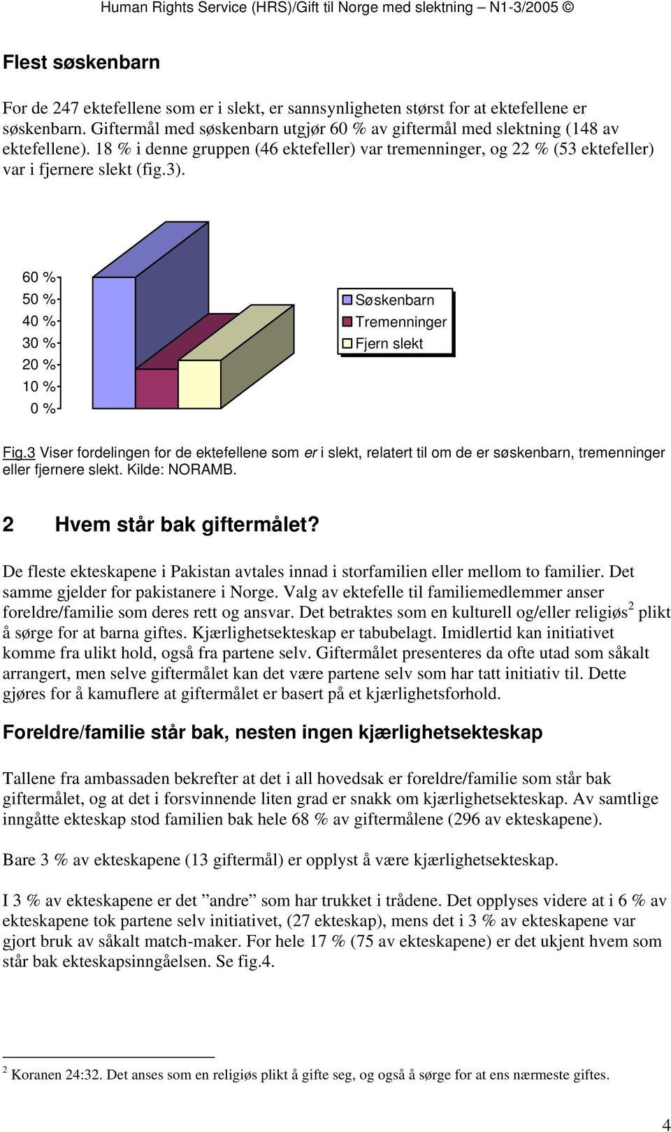 60 % 50 % 40 % 30 % 20 % 10 % 0 % Søskenbarn Tremenninger Fjern slekt Fig.3 Viser fordelingen for de ektefellene som er i slekt, relatert til om de er søskenbarn, tremenninger eller fjernere slekt.