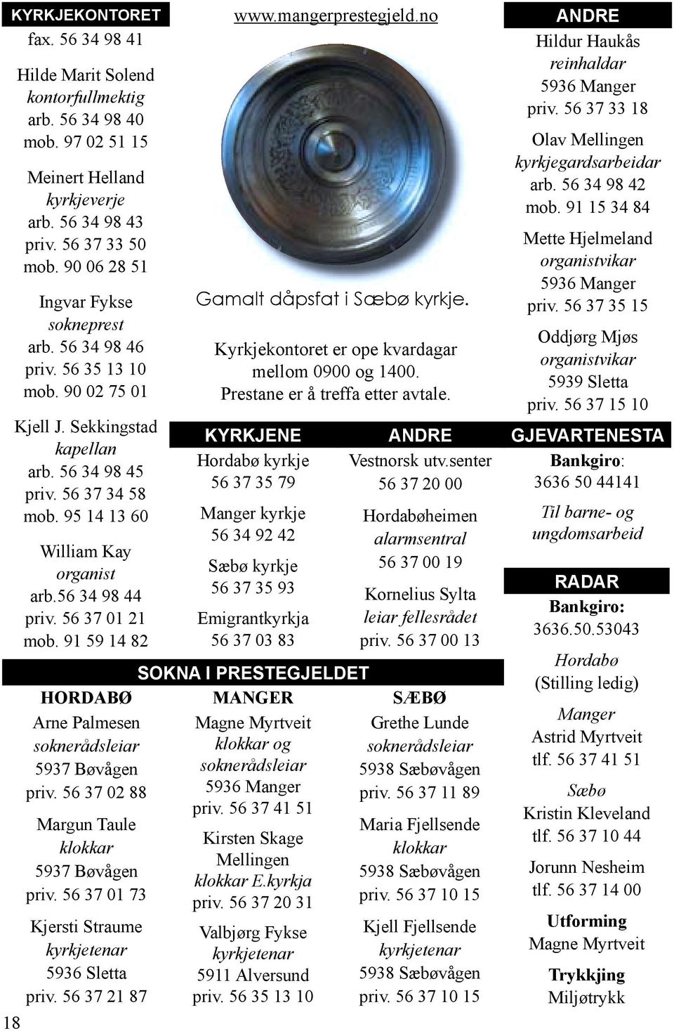 56 34 98 44 priv. 56 37 01 21 mob. 91 59 14 82 www.mangerprestegjeld.no Kyrkjekontoret er ope kvardagar mellom 0900 og 1400. Prestane er å treffa etter avtale.