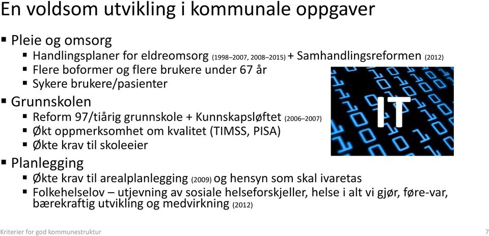 oppmerksomhet om kvalitet (TIMSS, PISA) Økte krav til skoleeier Planlegging Økte krav til arealplanlegging (2009) og hensyn som skal ivaretas