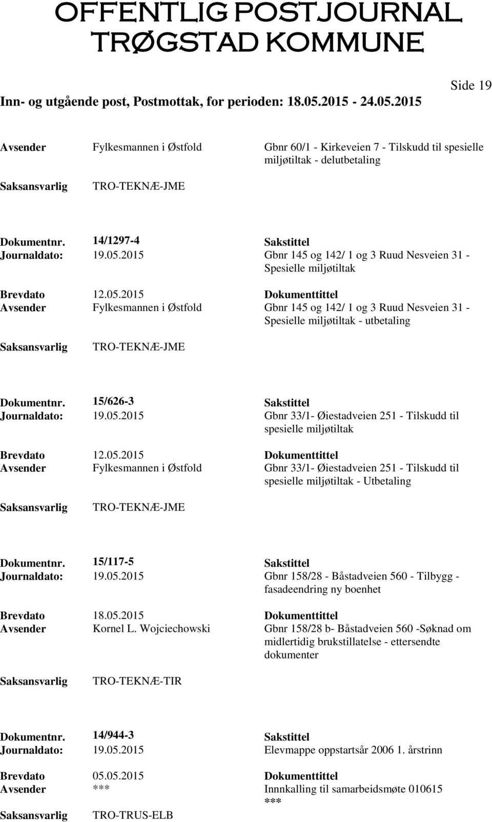 2015 Dokumenttittel Avsender Fylkesmannen i Østfold Gbnr 145 og 142/ 1 og 3 Ruud Nesveien 31 - Spesielle miljøtiltak - utbetaling TRO-TEKNÆ-JME Dokumentnr. 15/626-3 Sakstittel Journaldato: 19.05.