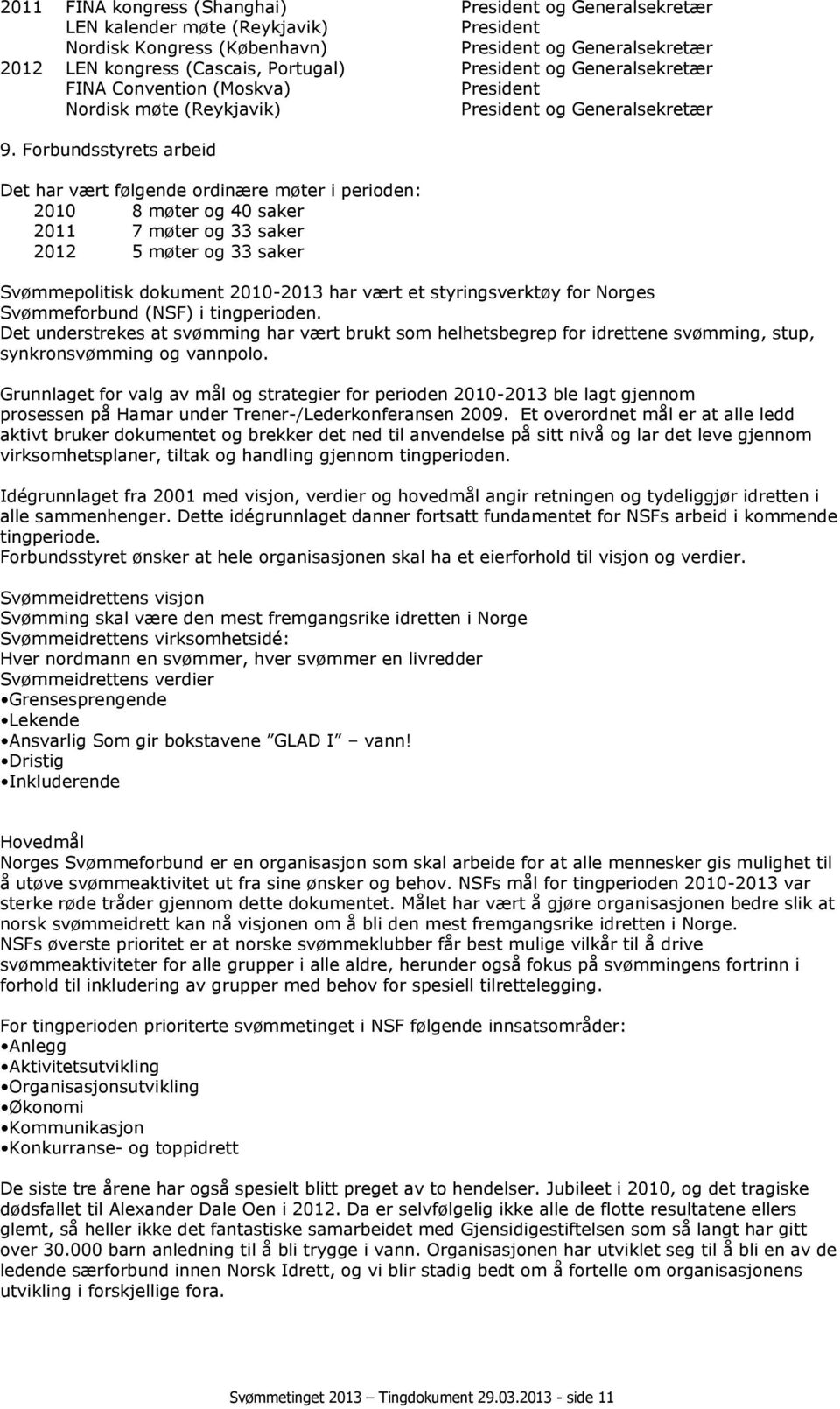 Forbundsstyrets arbeid Det har vært følgende ordinære møter i perioden: 2010 8 møter og 40 saker 2011 7 møter og 33 saker 2012 5 møter og 33 saker Svømmepolitisk dokument 2010-2013 har vært et