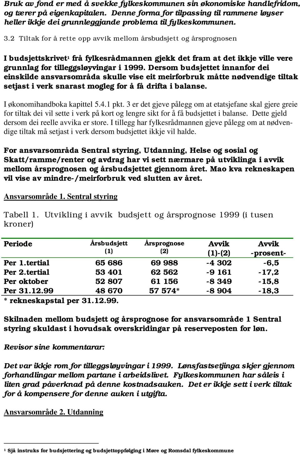 2 Tiltak for å rette opp avvik mellom årsbudsjett og årsprognosen I budsjettskrivet 1 frå fylkesrådmannen gjekk det fram at det ikkje ville vere grunnlag for tilleggsløyvingar i 1999.