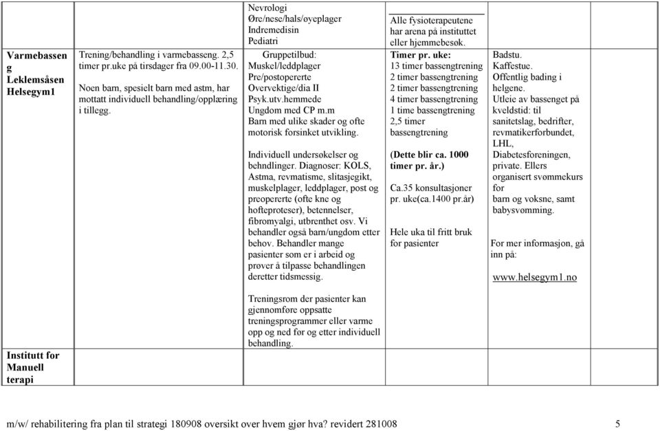 Nevrologi Øre/nese/hals/øyeplager Indremedisin Pediatri Gruppetilbud: Muskel/leddplager Pre/postopererte Overvektige/dia II Psyk.utv.hemmede Ungdom med CP m.