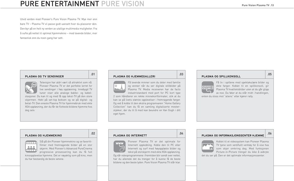 01 PLASMA OG HJEMMEGALLERI.03 PLASMA OG SPILLKONSOLL.05 Televisjon har aldri vært så attraktivt som nå. Pioneer Plasma TV er det perfekte lerret for live sendinger i høy oppløsning.
