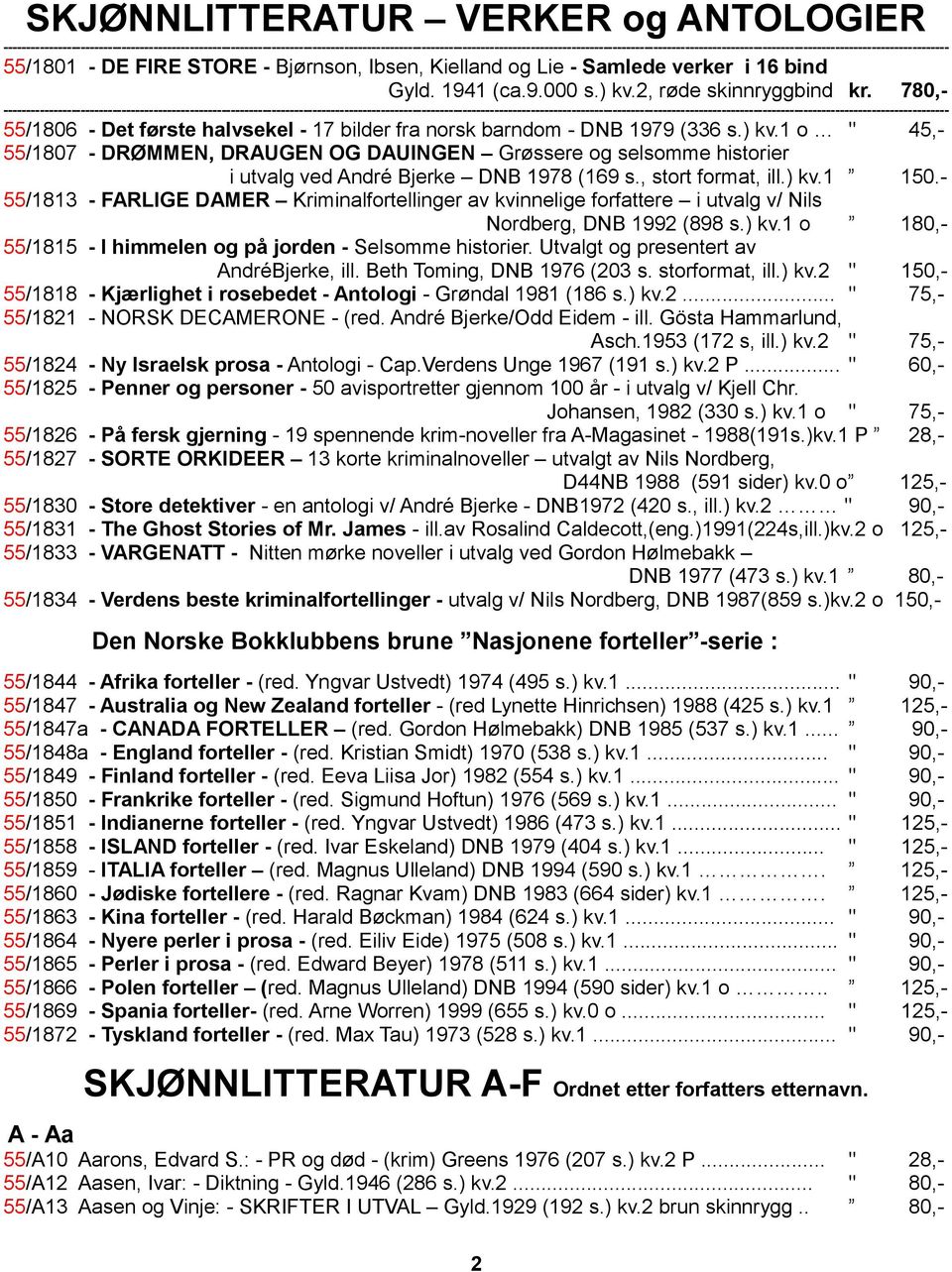 1 o " 45,- 55/1807 - DRØMMEN, DRAUGEN OG DAUINGEN Grøssere og selsomme historier i utvalg ved André Bjerke DNB 1978 (169 s., stort format, ill.) kv.1 150.
