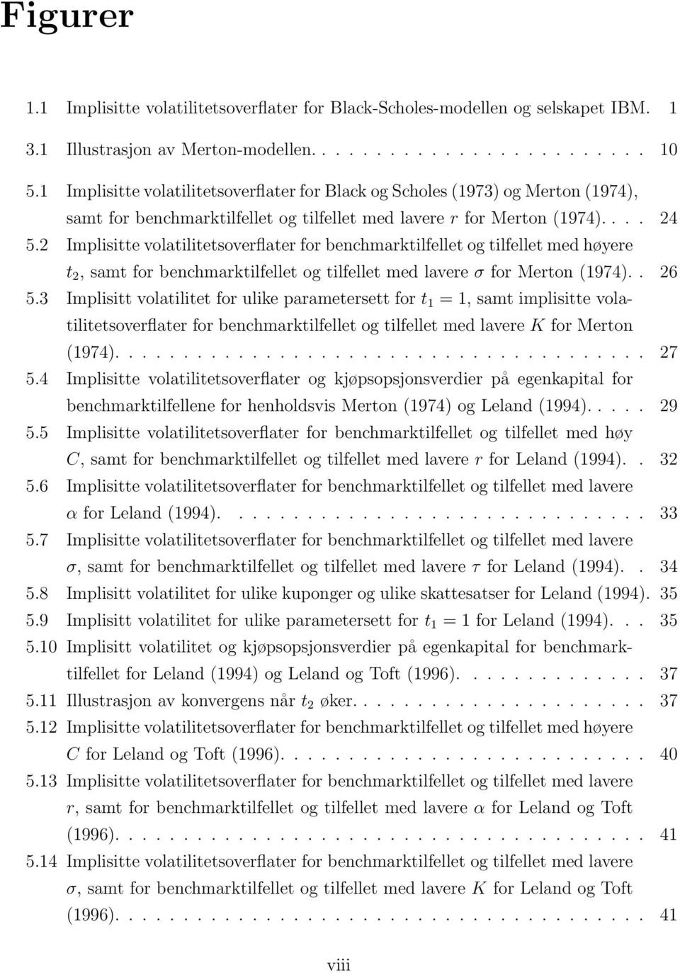 2 Implisitte volatilitetsoverflater for benchmarktilfellet og tilfellet med høyere t 2, samt for benchmarktilfellet og tilfellet med lavere σ for Merton (1974).. 26 5.