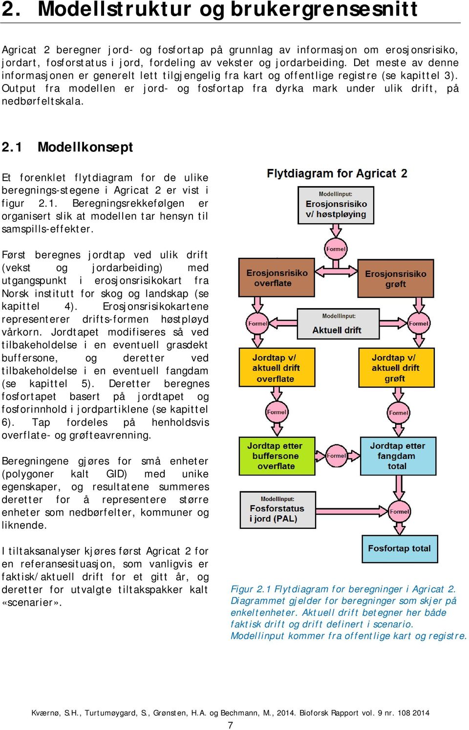 Output fra modellen er jord- og fosfortap fra dyrka mark under ulik drift, på nedbørfeltskala. 2.1 Modellkonsept Et forenklet flytdiagram for de ulike beregnings-stegene i Agricat 2 er vist i figur 2.