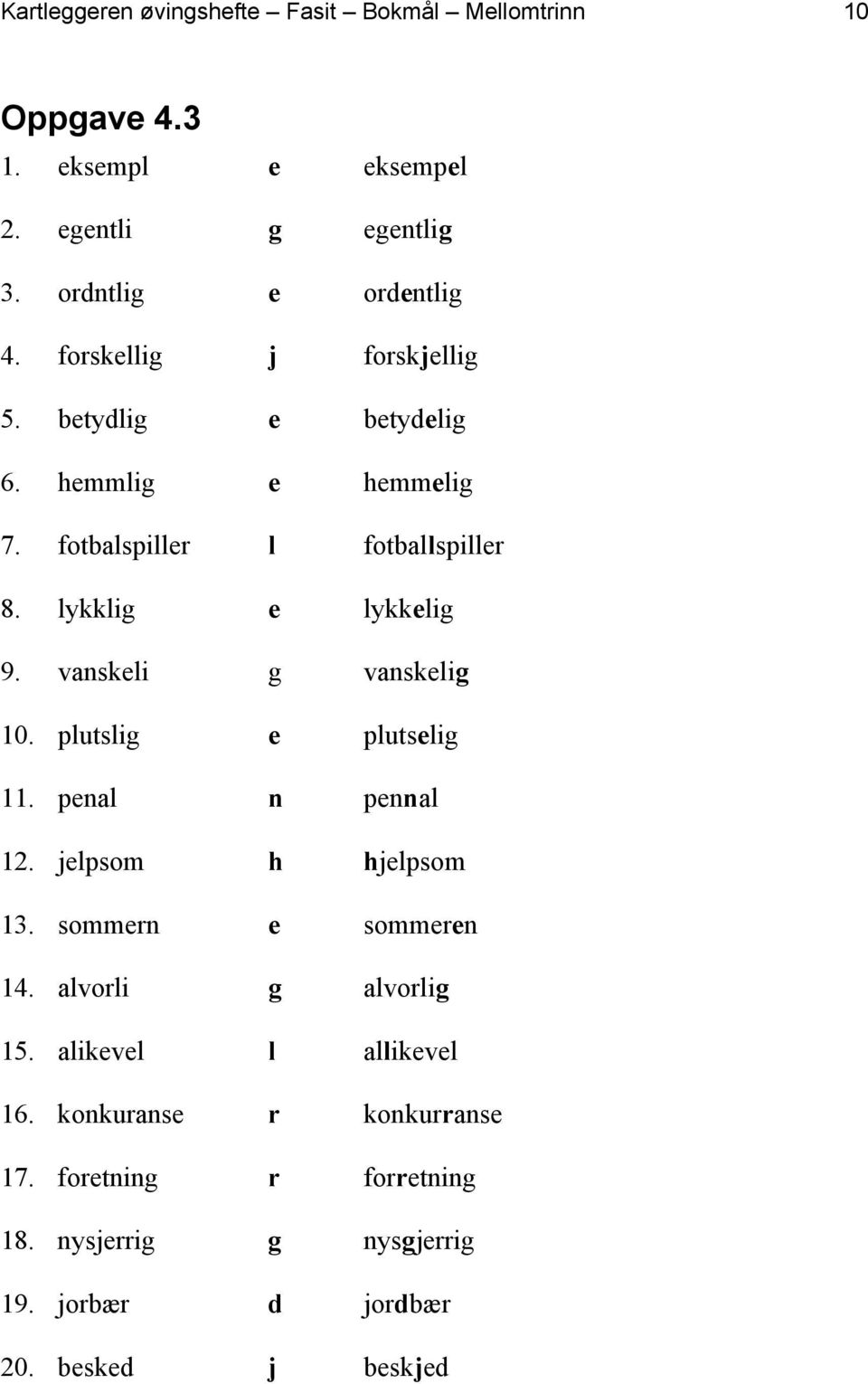 vanskeli g vanskelig 10. plutslig e plutselig 11. penal n pennal 12. jelpsom h hjelpsom 13. sommern e sommeren 14. alvorli g alvorlig 15.