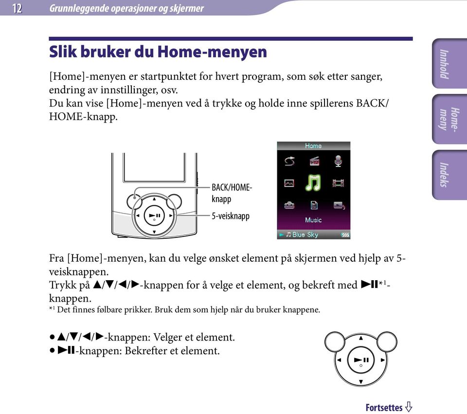 BACK/HOMEknapp 5-veisknapp Fra [Home]-menyen, kan du velge ønsket element på skjermen ved hjelp av 5- veisknappen.