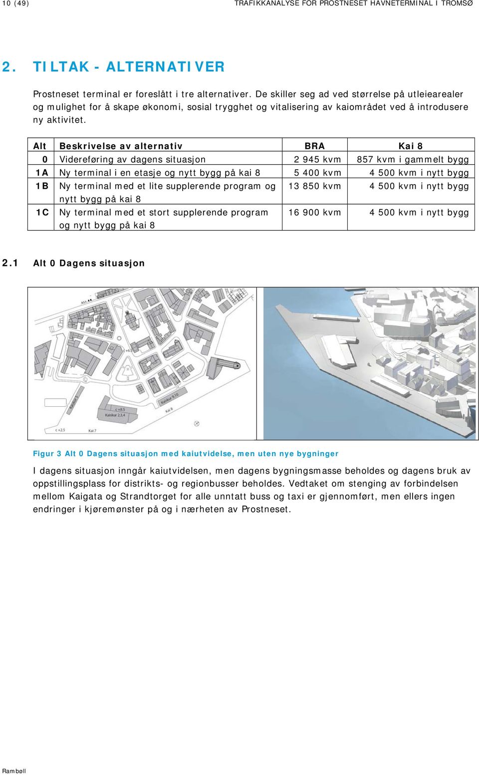 Alt Beskrivelse av alternativ BRA Kai 8 0 Videreføring av dagens situasjon 2 945 kvm 857 kvm i gammelt bygg 1A Ny terminal i en etasje og nytt bygg på kai 8 5 400 kvm 4 500 kvm i nytt bygg 1B 1C Ny