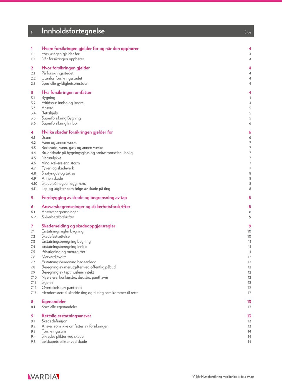 5 Superforsikring Bygning 5 3.6 Superforsikring Innbo 6 4 Hvilke skader forsikringen gjelder for 6 4.1 Brann 6 4.2 Vann og annen væske 7 4.3 Rørbrudd, vann, gass og annen væske 7 4.