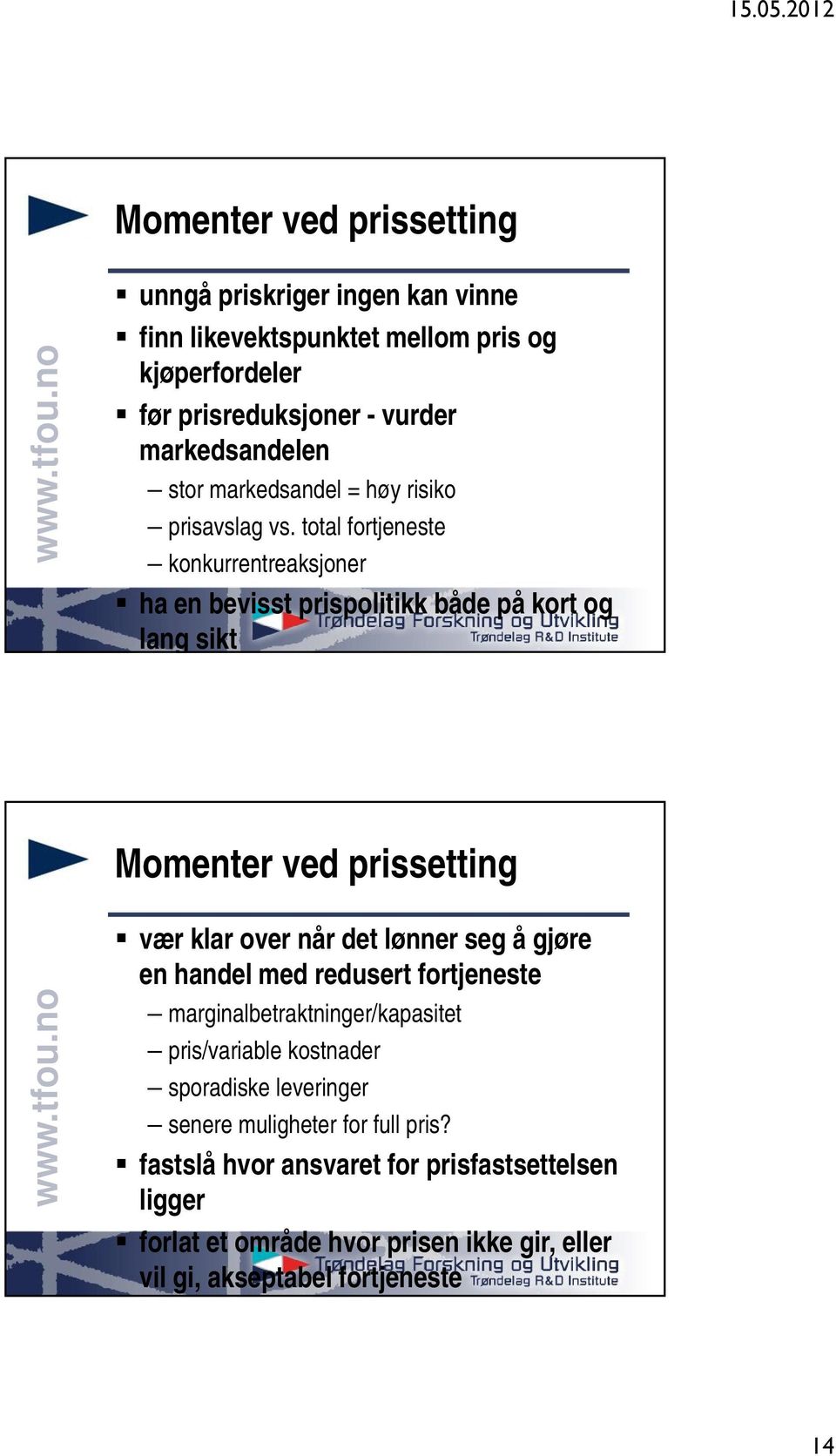 total fortjeneste konkurrentreaksjoner ha en bevisst prispolitikk både på kort og lang sikt Momenter ved prissetting vær klar over når det lønner seg å gjøre