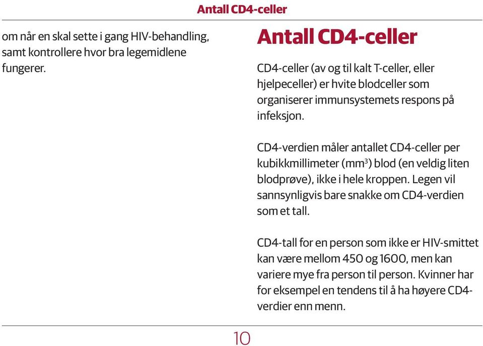 infeksjon. CD4-verdien måler antallet CD4-celler per kubikkmillimeter (mm 3 ) blod (en veldig liten blodprøve), ikke i hele kroppen.