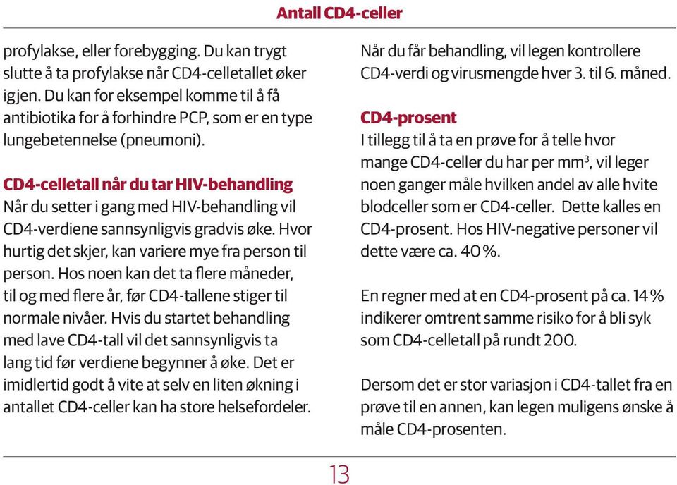 CD4-celletall når du tar HIV-behandling Når du setter i gang med HIV-behandling vil CD4-verdiene sannsynligvis gradvis øke. Hvor hurtig det skjer, kan variere mye fra person til person.