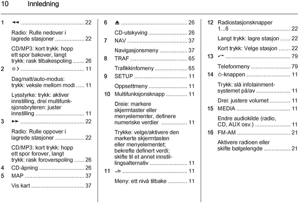 .. 22 Radio: Rulle oppover i lagrede stasjoner... 22 CD/MP3: kort trykk: hopp ett spor forover, langt trykk: rask foroverspoling... 26 4 CD-åpning... 26 5 MAP... 37 Vis kart... 37 6 R.