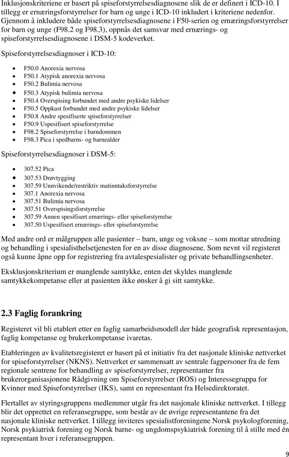 3), oppnås det samsvar med ernærings- og spiseforstyrrelsesdiagnosene i DSM-5 kodeverket. Spiseforstyrrelsesdiagnoser i ICD-10: F50.0 Anorexia nervosa F50.1 Atypisk anorexia nervosa F50.