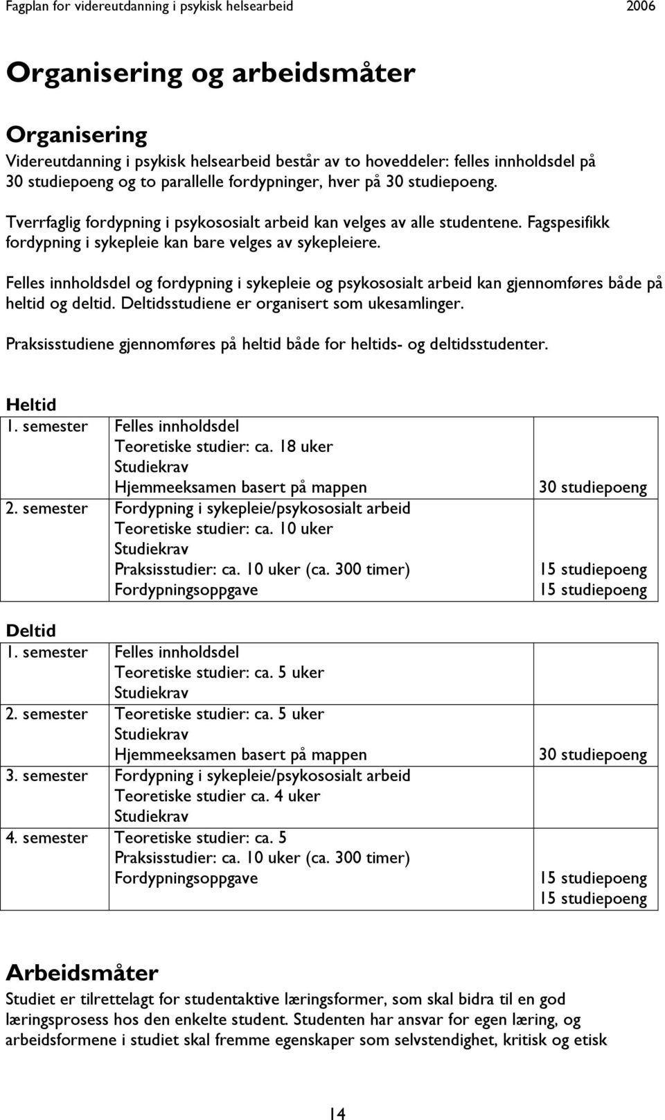 Felles innholdsdel og fordypning i sykepleie og psykososialt arbeid kan gjennomføres både på heltid og deltid. Deltidsstudiene er organisert som ukesamlinger.