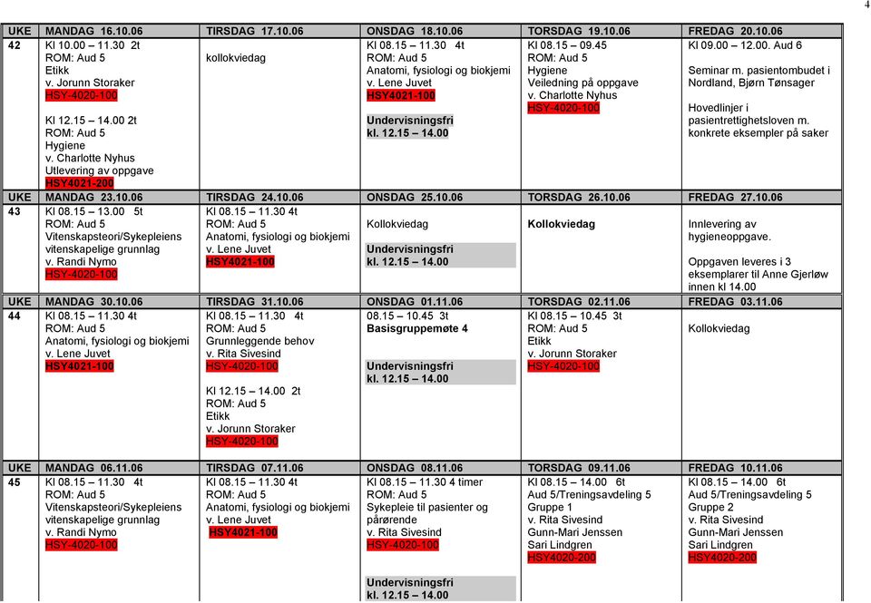 10.06 43 Kl 08.15 13.00 5t Innlevering av hygieneoppgave. Oppgaven leveres i 3 eksemplarer til Anne Gjerløw innen kl 14.00 UKE MANDAG 30.10.06 TIRSDAG 31.10.06 ONSDAG 01.11.06 TORSDAG 02.11.06 FREDAG 03.