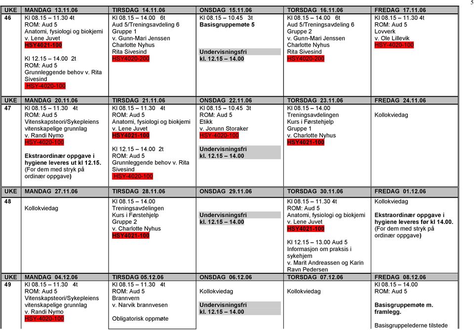 00 Treningsavdelingen Kurs i Førstehjelp Ekstraordinær oppgave i hygiene leveres ut kl 12.15. (For dem med stryk på ordinær oppgave) UKE MANDAG 27.11.06 TIRSDAG 28.11.06 ONSDAG 29.11.06 TORSDAG 30.11.06 FREDAG 01.