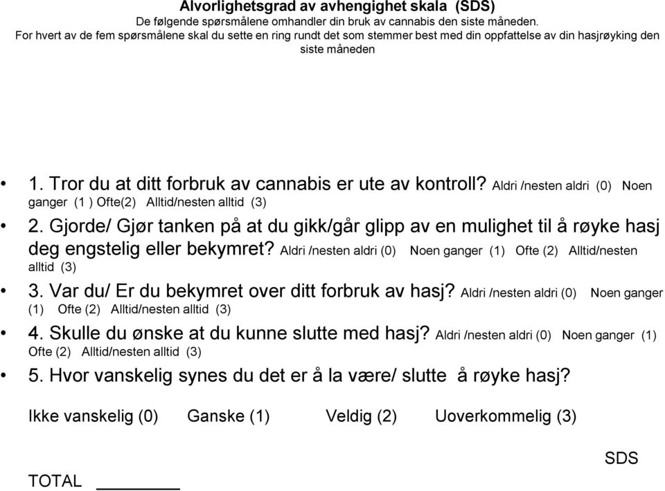 Aldri /nesten aldri (0) Noen ganger (1 ) Ofte(2) Alltid/nesten alltid (3) 2. Gjorde/ Gjør tanken på at du gikk/går glipp av en mulighet til å røyke hasj deg engstelig eller bekymret?