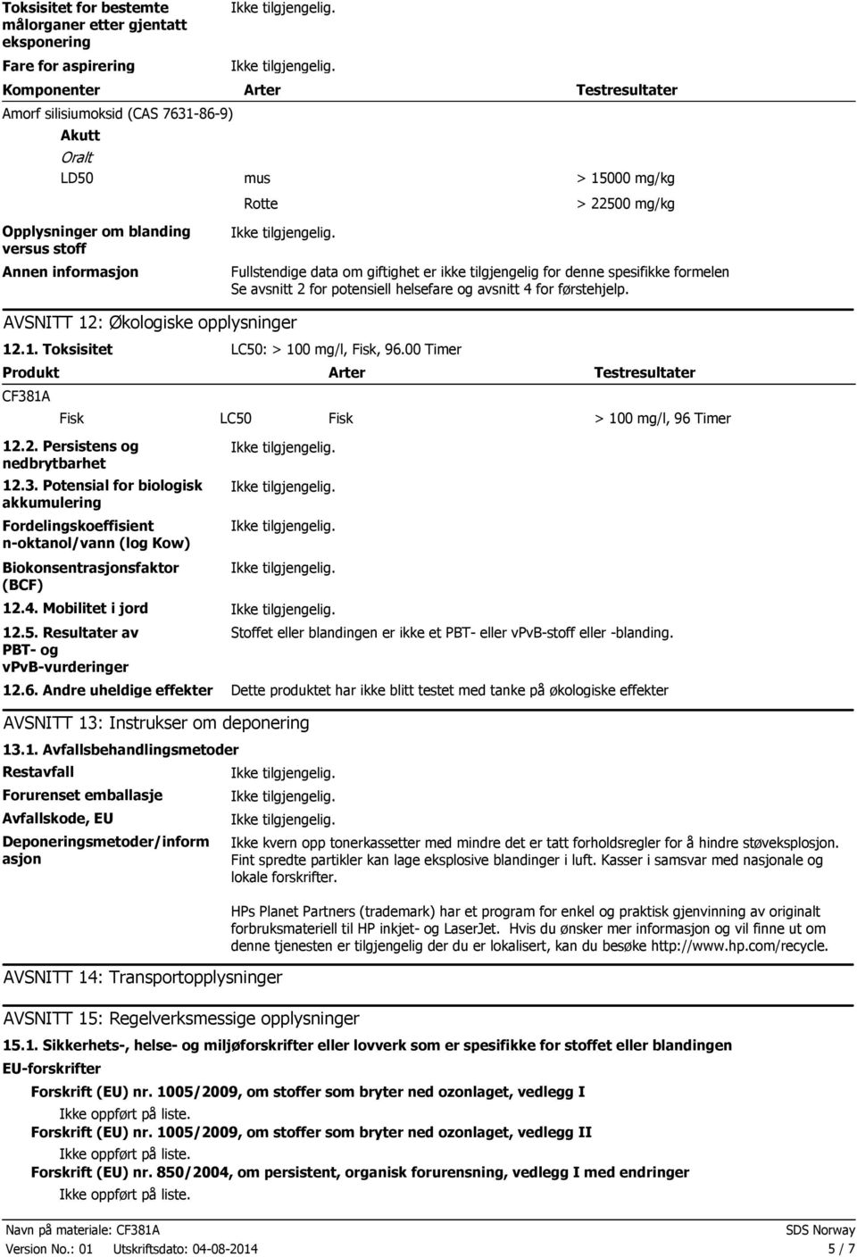 førstehjelp. AVSNITT 12: Økologiske opplysninger 12.1. Toksisitet LC50: > 100 mg/l, Fisk, 96.00 Timer Produkt Arter Testresultater CF381A Fisk LC50 Fisk > 100 mg/l, 96 Timer 12.2. Persistens og nedbrytbarhet 12.