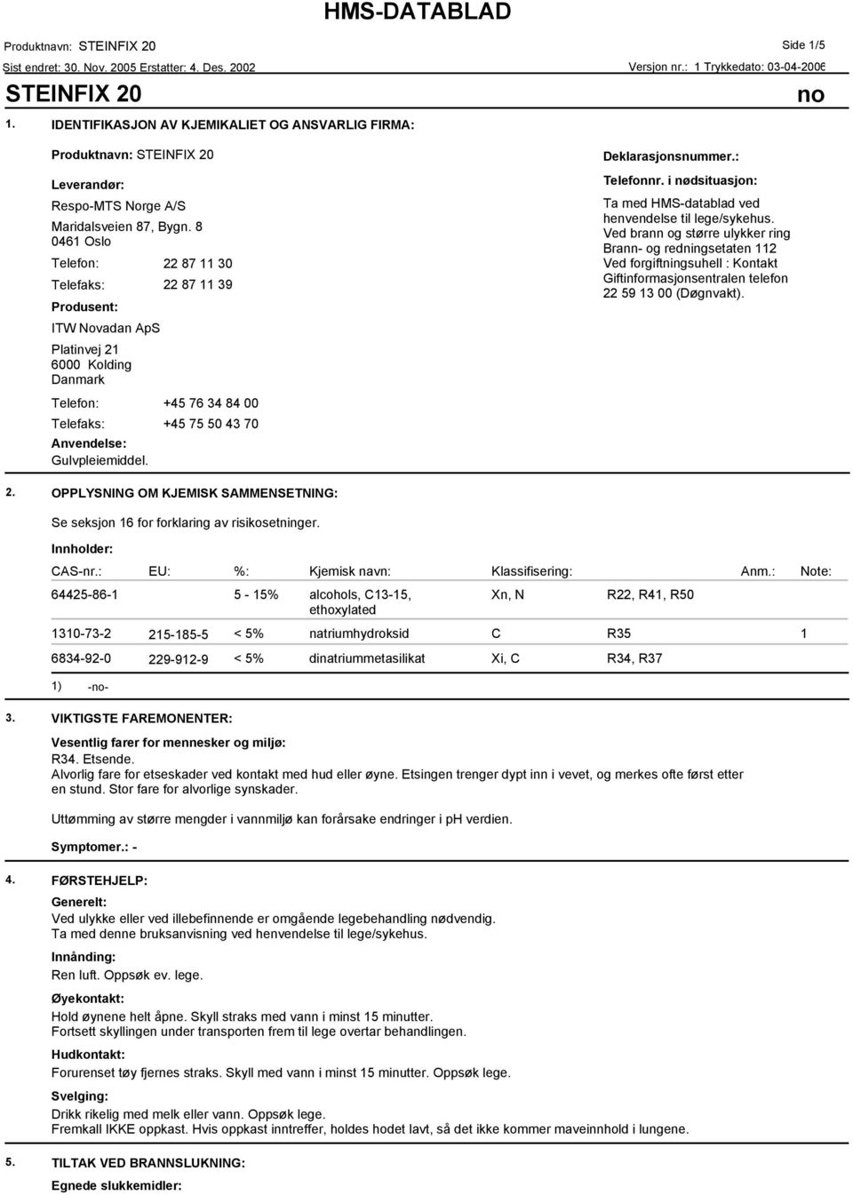 Side 1/5 Deklarasjonsnummer.: Telefonnr. i nødsituasjon: Ta med HMS-datablad ved henvendelse til lege/sykehus.