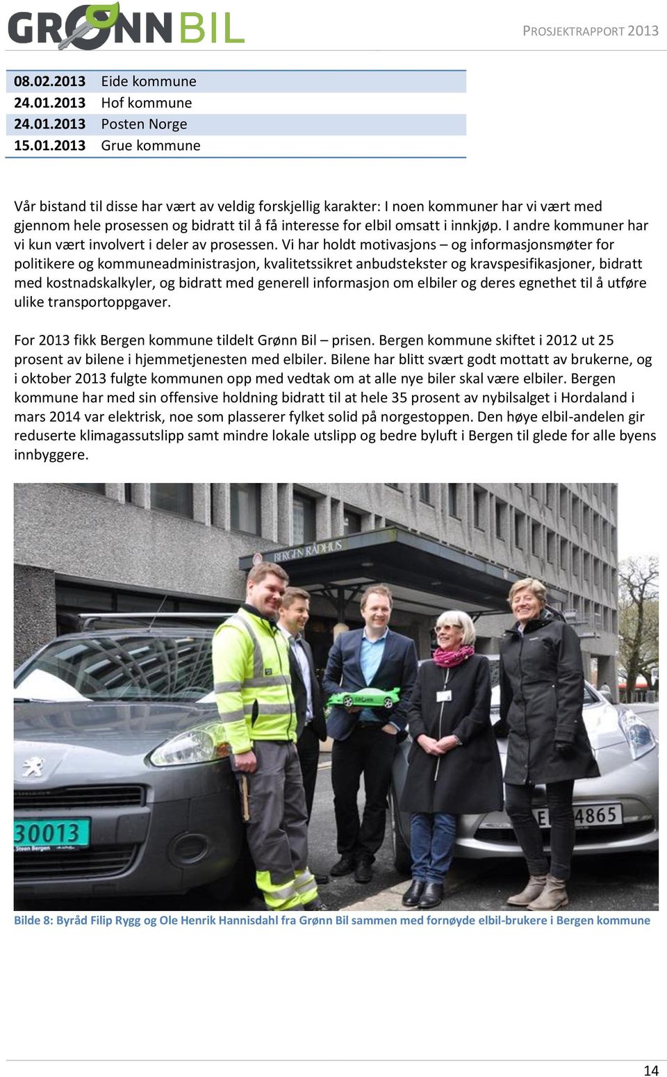 2013 Hof kommune 24.01.2013 Posten Norge 15.01.2013 Grue kommune Vår bistand til disse har vært av veldig forskjellig karakter: I noen kommuner har vi vært med gjennom hele prosessen og bidratt til å få interesse for elbil omsatt i innkjøp.