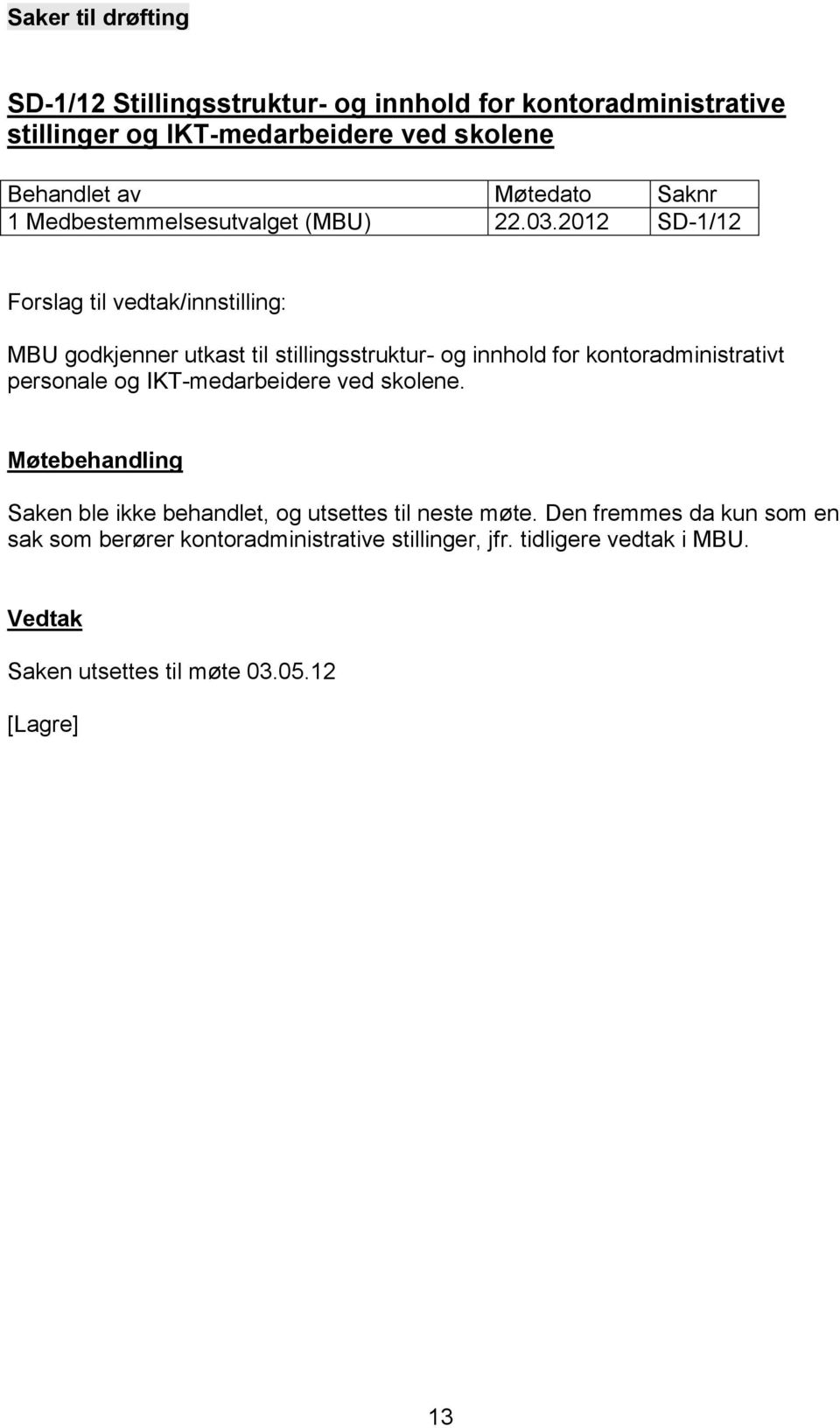 2012 SD-1/12 MBU godkjenner utkast til stillingsstruktur- og innhold for kontoradministrativt personale og IKT-medarbeidere